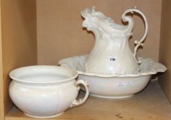 A Belleek style wash jug and basin with lustre finish