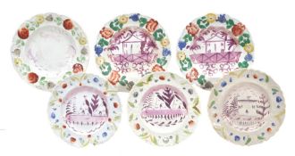 Six British pottery children`s plates, second quarter 19th century, each decorated with pink lustre