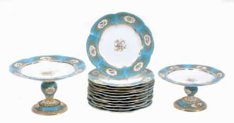 An English porcelain Sevres-Style turquoise-ground part dessert service retailed by Daniell,