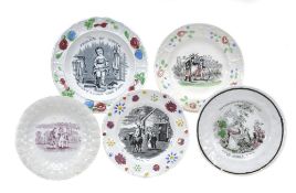 Five various British pottery printed children`s plates, second quarter 19th century, including Who