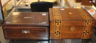 A 19th Century rosewood sarcophagus tea caddy, two stationery boxes, sewing box with pin cushion