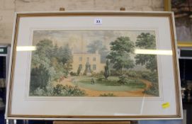 19th Century School Country House with figures in a garden, circa 1860 Watercolour 24.5 x 45cm Best