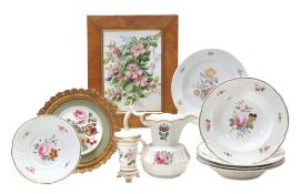 A selection of mostly English porcelain, including a rectangular plate painted with dog rose, 25cm