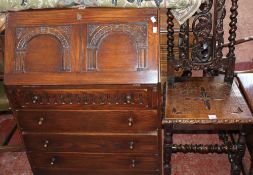 A mixed lot to include an oak bureau, a 17th Century style oak chair, oak stool and child`s chair .