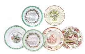 Six assorted British pottery small children`s plates, including two with religious verse, EARLY