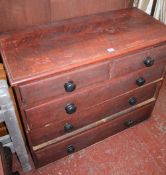 A Victorian simulated mahogany chest of drawers, two pairs of pine bed ends, a pine table, a piano