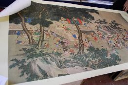 20th Century Chinese School Children playing Polychrome print laid onto paper (unframed) 78cm x