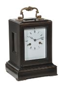 A French brass inlaid ebonised mantel clock, Lewis and Son, Paris, mid 19th century, the eight-day