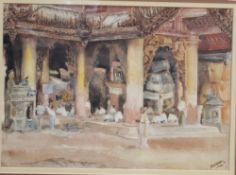 Bernard Harper Wiles (British, 1883 - 1966) Figures at a Buddhist temple  Watercolour Signed lower