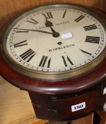 A circular mahogany cased wall clock with Roman numeral dial and fusee movement, retailed by Thomas