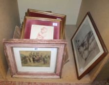 Early-Mid 20th Century School Figures on and around a horse drawn carriage Pencil and watercolour