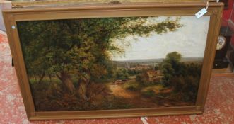 E. Foster Landscape with cattle on a track and village in the distance Oil on canvas Signed lower