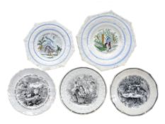 Five various British pottery printed children`s plates, second quarter 19th century, including; two