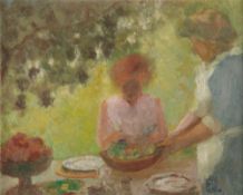 Eleanor Barry Lowman (1905-1983) Arbor Lunch Oil on board Signed with initials lower right 20 x 24.