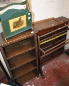 A glazed top of Victorian bookcase, oak bookcase, copper tray, towel rail, mirror etc.
