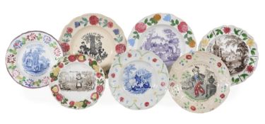 Seven various British pottery children`s plates, second quarter 19th century, including; SWISS