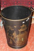 A fire bucket with chinoiserie decoration, together with a larger matching log bin; 63cm high Best