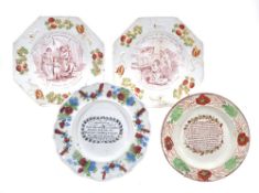 Four various British pottery children`s plates, second quarter 19th century, religious subjects,