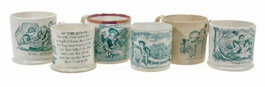 Six various British pottery under-glaze green printed children`s mugs, various decorated,