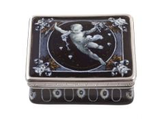 A Limoges rectangular box, the hinged cover painted with a cherub and four... A Limoges