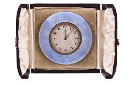 A silver and blue guilloche enamel clock by Walker & Hall, Birmingham 1927 A silver and blue