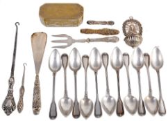 A collection of items, to include: eleven silver coloured fiddle and thread... A collection of