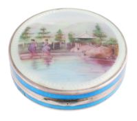 A silver and enamel circular compact, import mark for London 1927 A silver and enamel circular