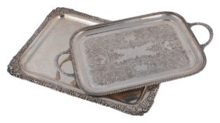 An electro-plated oblong tray, with a chased shell, foliate and floral border An electro-plated