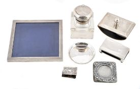 A collection of silver, to include: a square glass inkwell with silver mount... A collection of