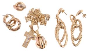 A cross pendant, on a fancy link chain; a further pendant; and two pairs of... A cross pendant, on a