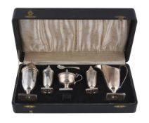 A cased matched silver five piece condiment set by Viners Ltd A cased matched silver five piece