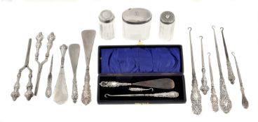 A collection of silver handled and mounted dressing table items, to include A collection of silver