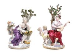 A pair of Meissen groups of The Muses Kalliope and Terpsichore, late 19th century, 26cm & 23cm high,