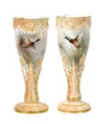 A pair of Royal Worcester quatrefoil section slender vases signed by Jas. Stinton, date codes for