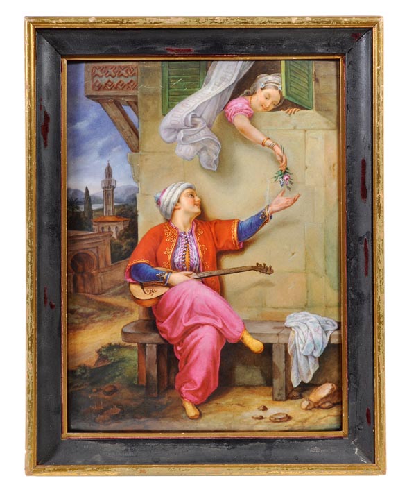 A Continental porcelain plaque of an Ottoman scene, late 19th century, depicting a musician