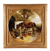 John Frederick Herring Jnr (1815-1907), Two horses by a stable, Oil on canvas, Tondo, Signed and