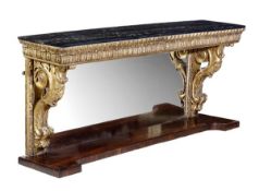 A William IV giltwood console table, circa 1835, the rectangular black variegated marble top,