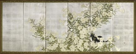 A six-fold paper screen, Taisho period, 20th century, painted in ink and colour on a silver ground