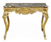 A George II carved giltwood console table, circa 1750, in the manner of Matthias Lock, the marble