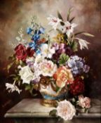 DDS. Harold Clayton (1896-1979), Flowers in a blue and ormolu vase, Oil on canvas, Signed lower
