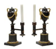 A pair of Regency patinated and gilt bronze table colza oil lamps, circa 1815, each with a
