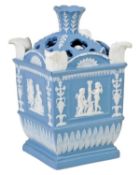 A Neale & Co. blue-jasper square-section bulb-pot and cover, circa 1786-7, the four panels