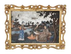 A Chinese export reverse painted wall mirror, circa 1770, the rectangular plate decorated with a