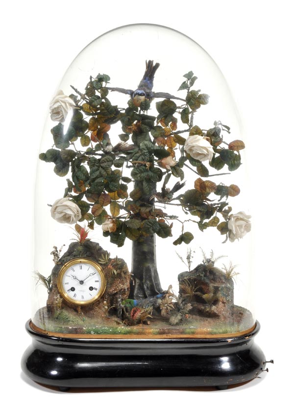 A Victorian singing bird automaton table clock, late 19th century, the four birds tweeting and