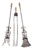 A set of steel and brass mounted fire irons in late 17th century style, probably 19th century,