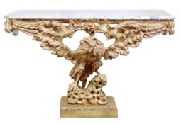 A giltwood console table in George I style, 20th century, the rectangular marble top with re-entrant