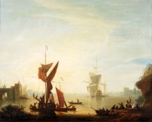 Peter Monamy (1681-1749), A British warship lying off a fortified Mediterranean port, Oil on canvas,