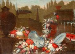 Follower of Gasparo Lopez, Still life in a garden setting with an array of flowers spilling from a