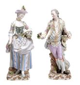 A pair of large Meissen (outside decorated) figures of a gardener and companion, late 19th