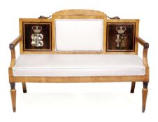 A Continental satin birch, rosewood and brass marquetry settee, circa 1800 - 1830, the rectangular